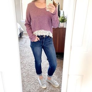 Slight Crop French Terry Cloth Crochet Sweater